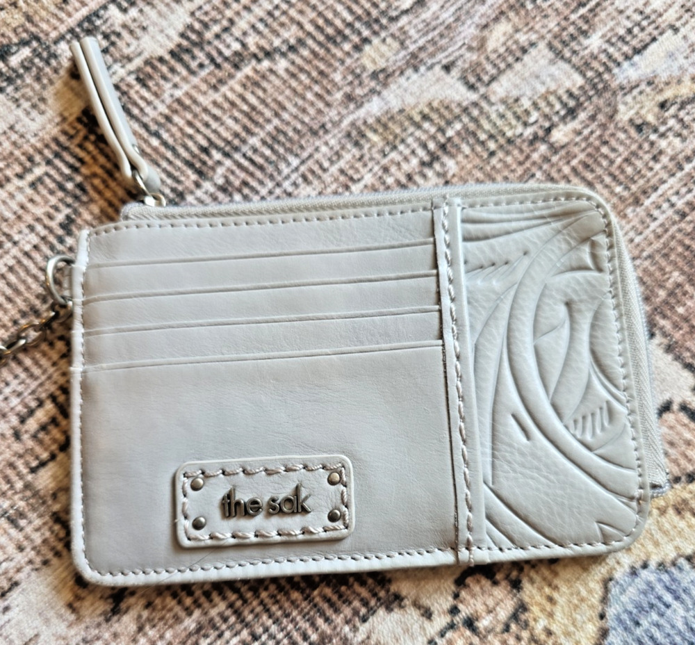 The Sak Iris Leather Card Wallet Gray Embossed Floral ID Coin Pouch Keychain